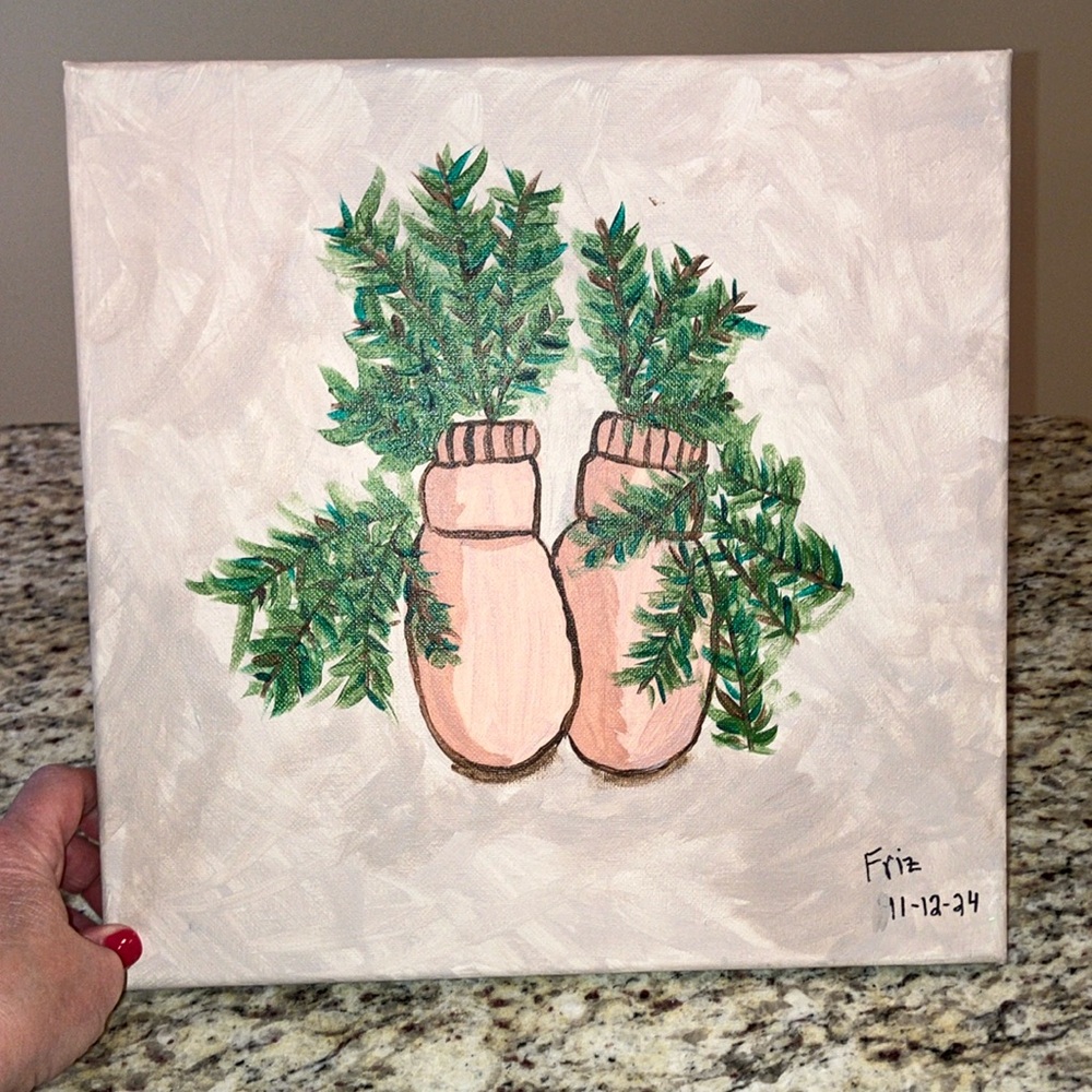 Handmade Winter Mittens & Pine Branches Painting 12”x12” Canvas Signed Art - Picture 4 of 4